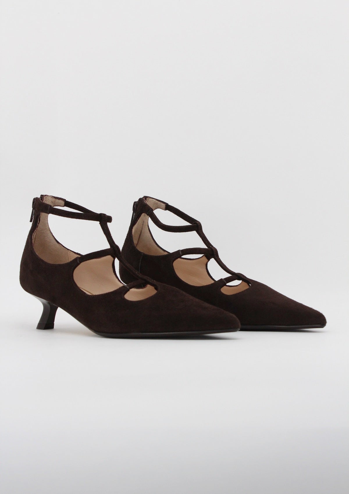 1984 Décolleté T-Strap con Tacco Rocchetto in Camoscio Testa di Moro - Anna F.