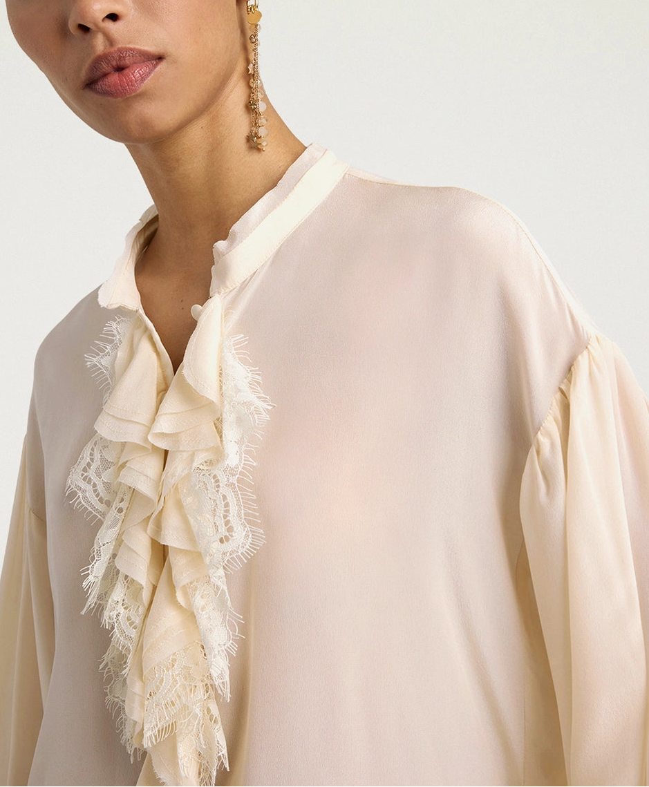 MOBL019-26214MO-0040 BLUSA NELIA IN CREPE DE CHINE DI SETA CON PIZZO - PANNA