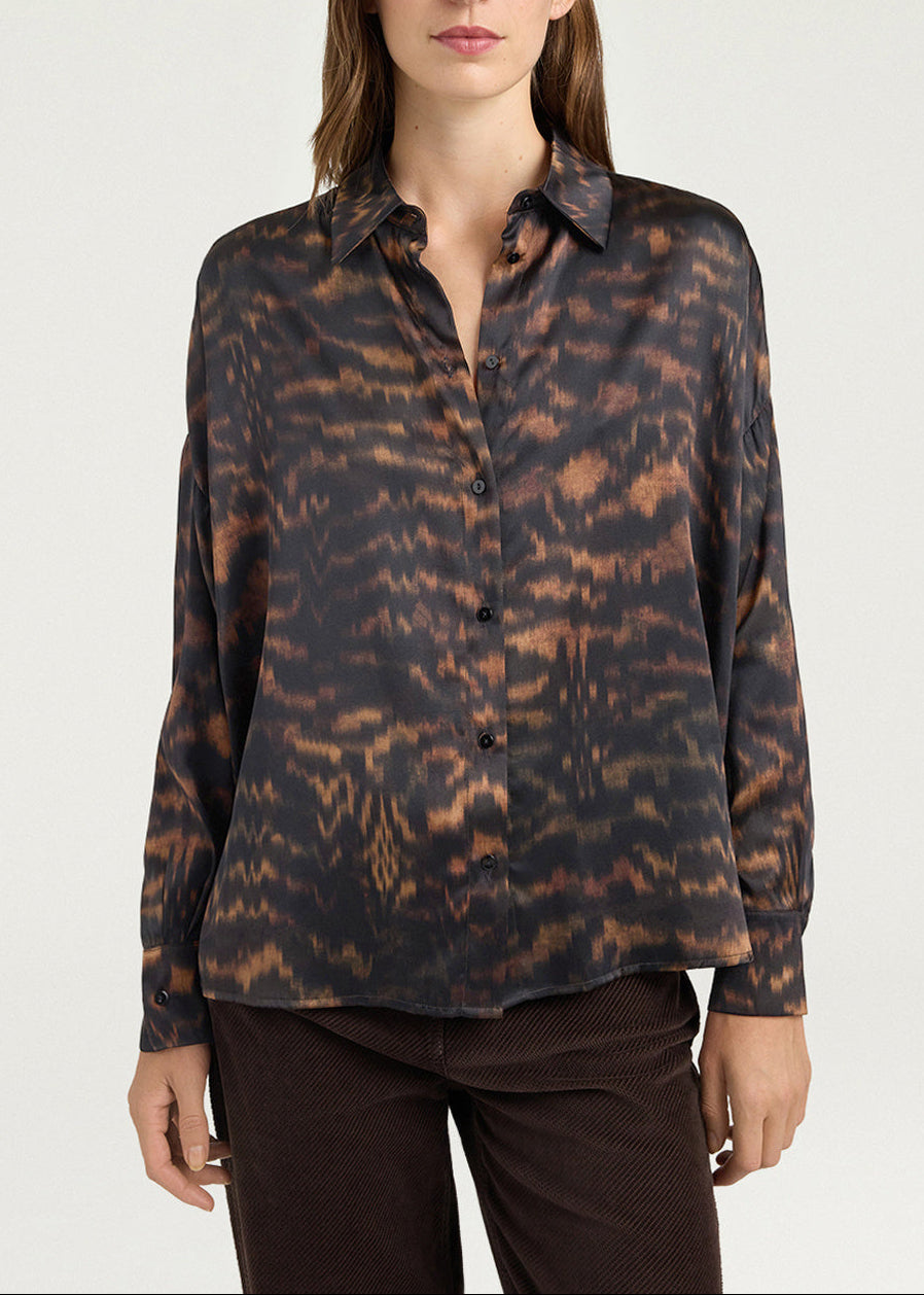 MOSH017-26204MO-9140 CAMICIA FLAU IN RASO STRETCH DI SETA STAMPATA - NERO/CARAMELLO