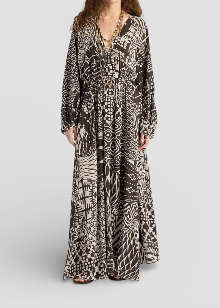 SS26-265MMODR010_265MO03 VESTITO FRANCISCO IN CREPE DE CHINE ALL-OVER - PANNA/CACAO