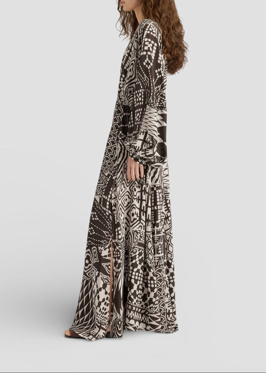 SS26-265MMODR010_265MO03 VESTITO FRANCISCO IN CREPE DE CHINE ALL-OVER - PANNA/CACAO