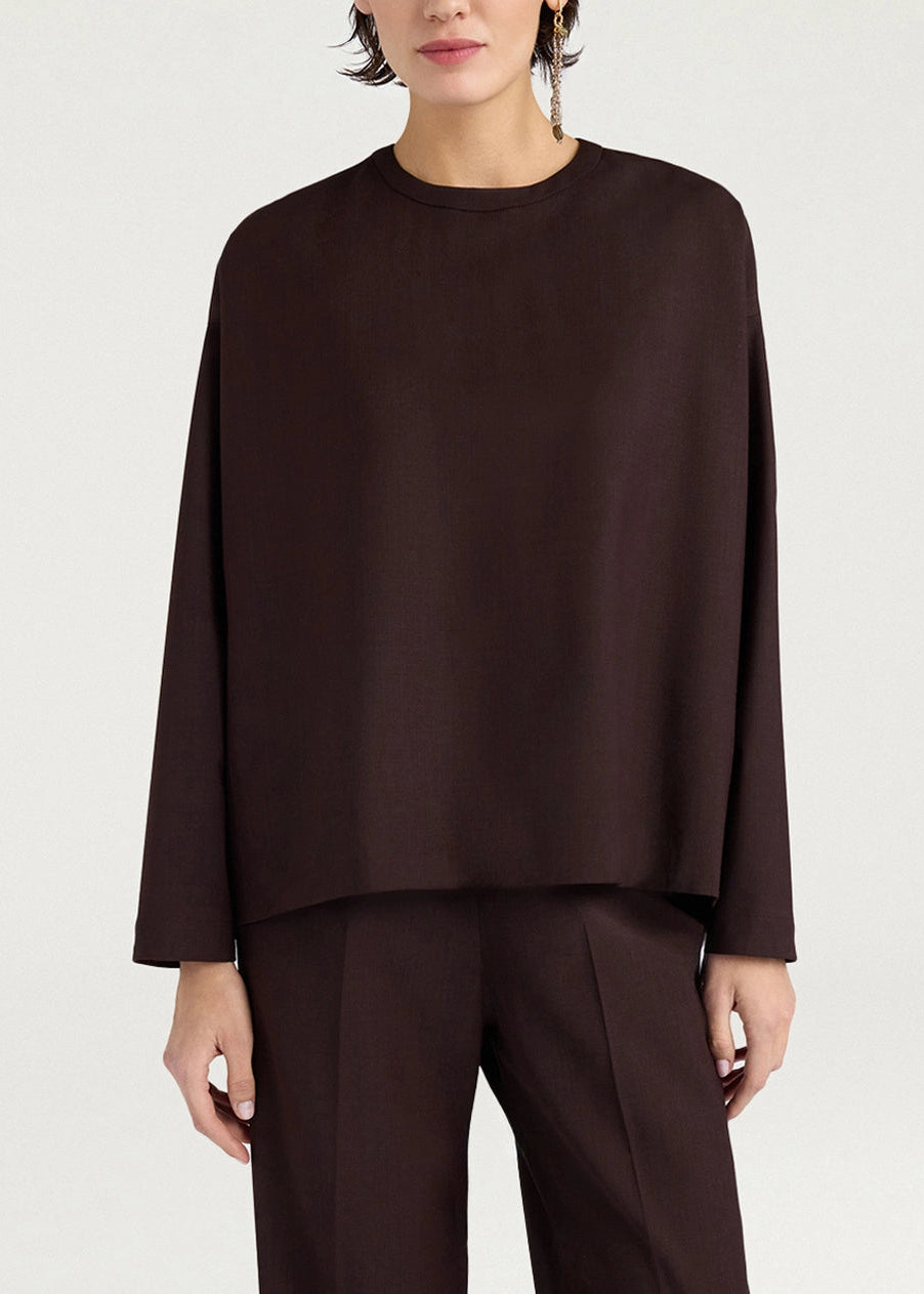 MOBL009-26622MO-0613 BLUSA BOXY GIROCOLLO A MANICHE LUNGHE STILLA IN FRESCO DI LANA STRETCH - MOGANO