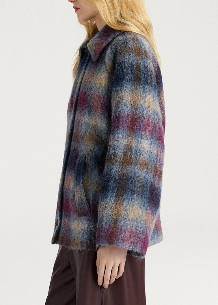 MOCO006-26649MO-8455 CAPPOTTO EOIL IN PANNO TARTAIN IN LANA MISTO ALPACA - CERULEO/CICLAMINO