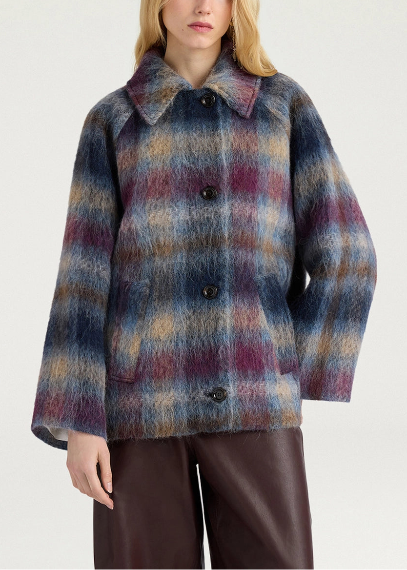 MOCO006-26649MO-8455 CAPPOTTO EOIL IN PANNO TARTAIN IN LANA MISTO ALPACA - CERULEO/CICLAMINO