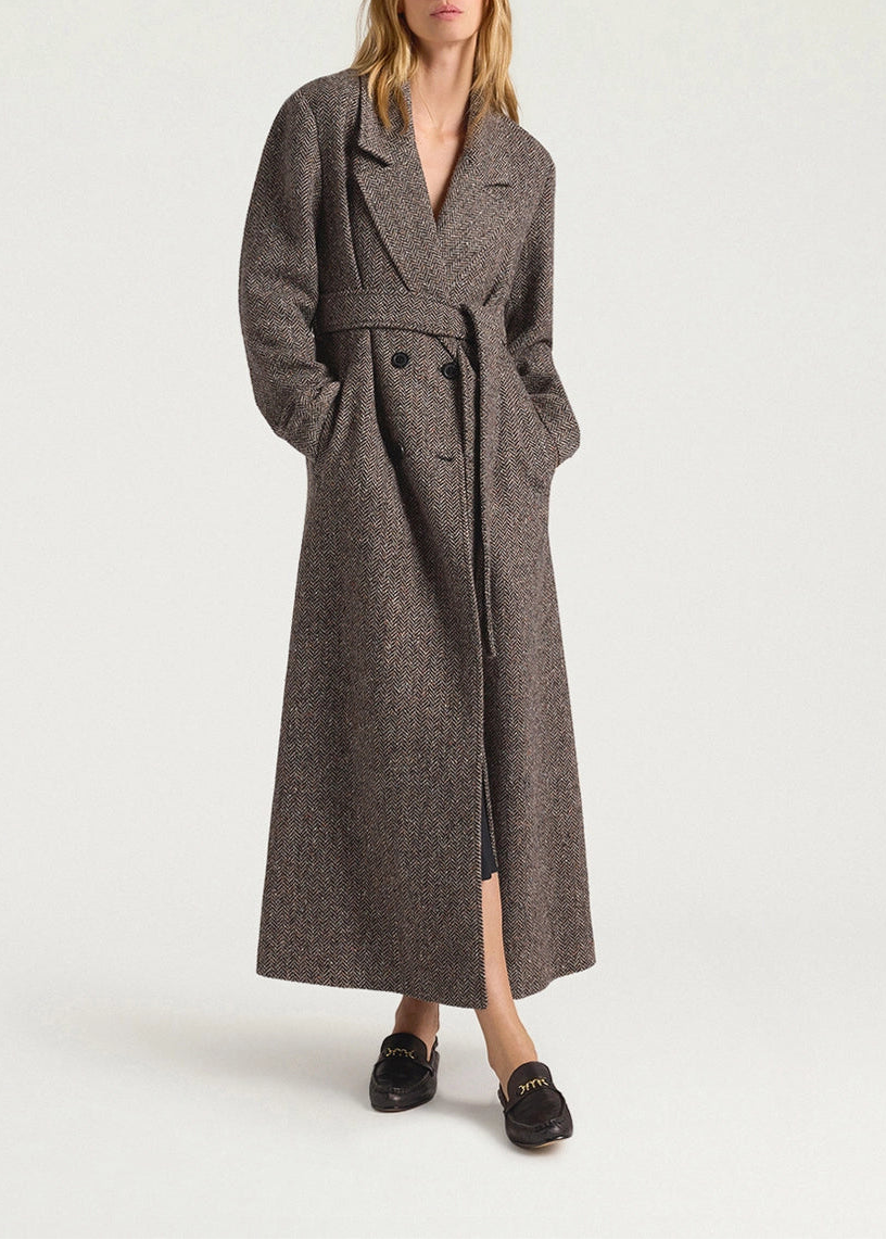 MOCO009-26650MO-9136 CAPPOTTO LUNGO DOPPIOPETTO ELIN IN PANNO SPINATO DI LANA MISTO SETA - NERO/SABBIA