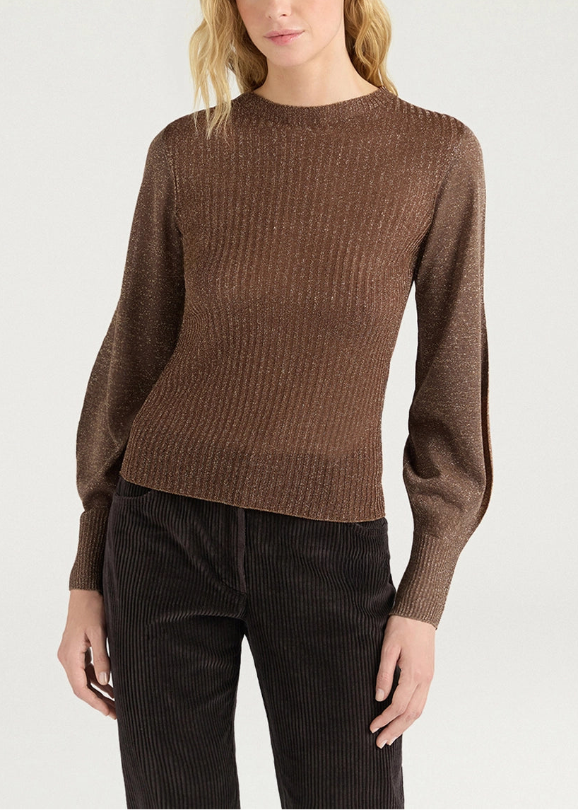 MOKN002-26666MO-0140 MAGLIA LUPETTO COLOR BLOCK TONO SU TONO LOA IN FILATO DI VISCOSA LUREX A COSTE - CARAMELLO
