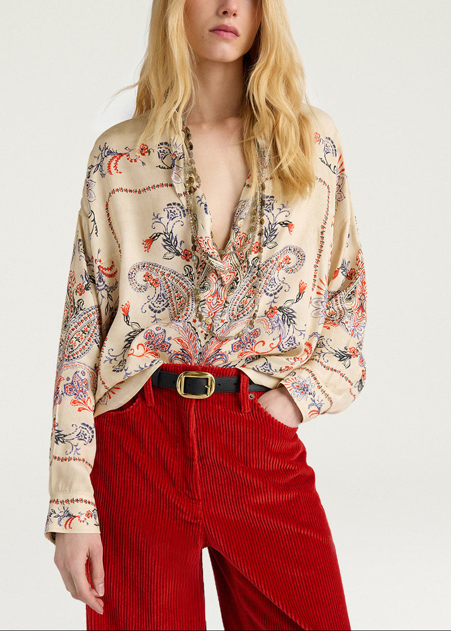 MOSH019-26607MO-1230 CAMICIA OVERSIZE PITANGA BIS IN RASO DI VISCOSA CON STAMPA PIAZZATA - MULTICOLOR CREMA