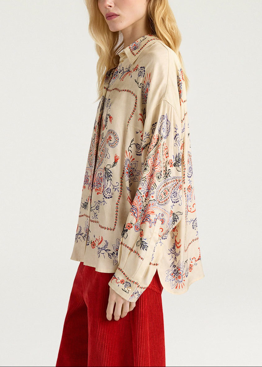 MOSH019-26607MO-1230 CAMICIA OVERSIZE PITANGA BIS IN RASO DI VISCOSA CON STAMPA PIAZZATA - MULTICOLOR CREMA