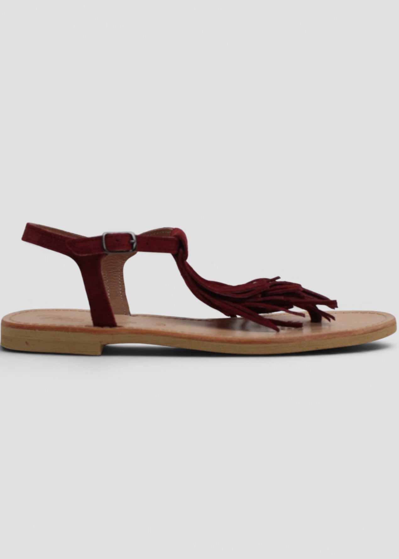 ARIEL – SANDALO INFRADITO IN SUEDE BORDEAUX CON FRANGE E CINTURINO ALLA CAVIGLIA