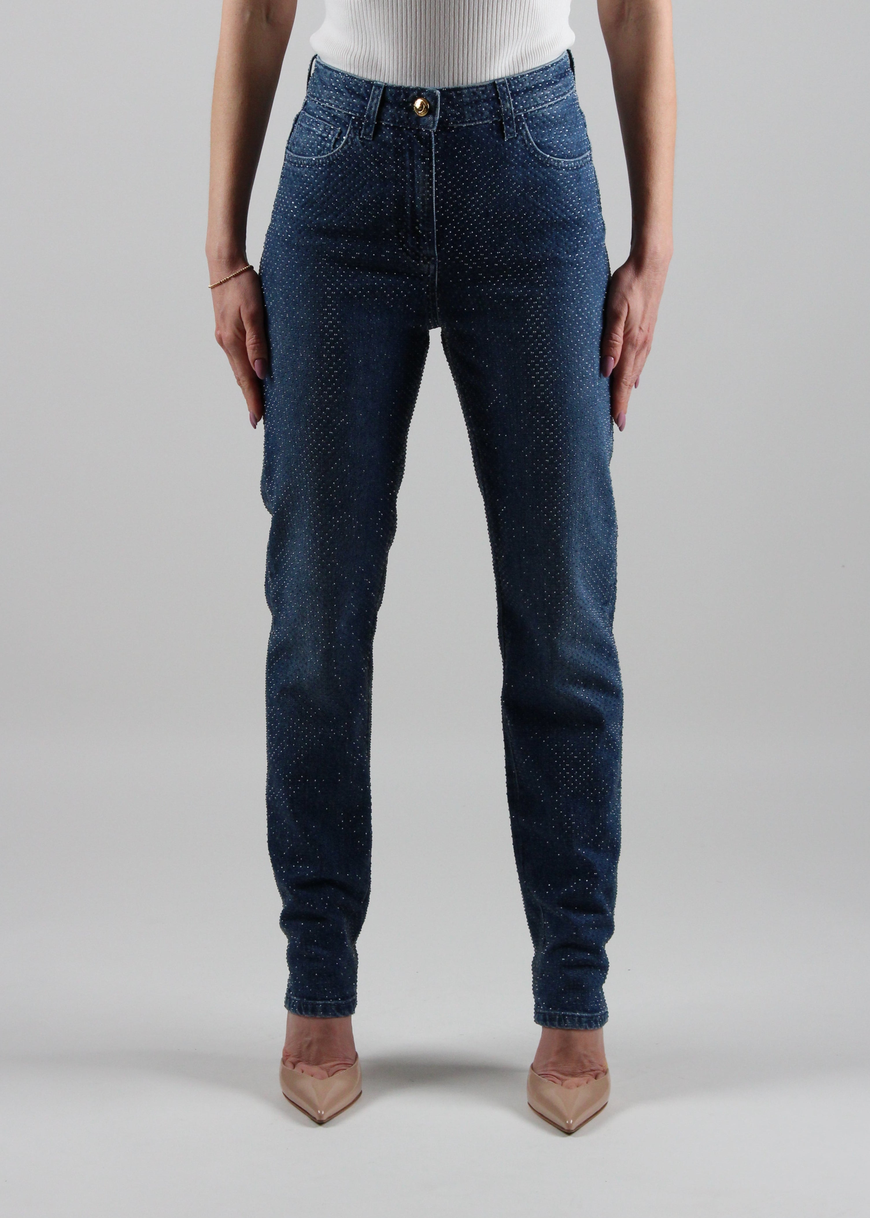PJ89N51E2 PANTALONI IN DENIM DI COTONE CON STRASS COLORE BLUE DENIM