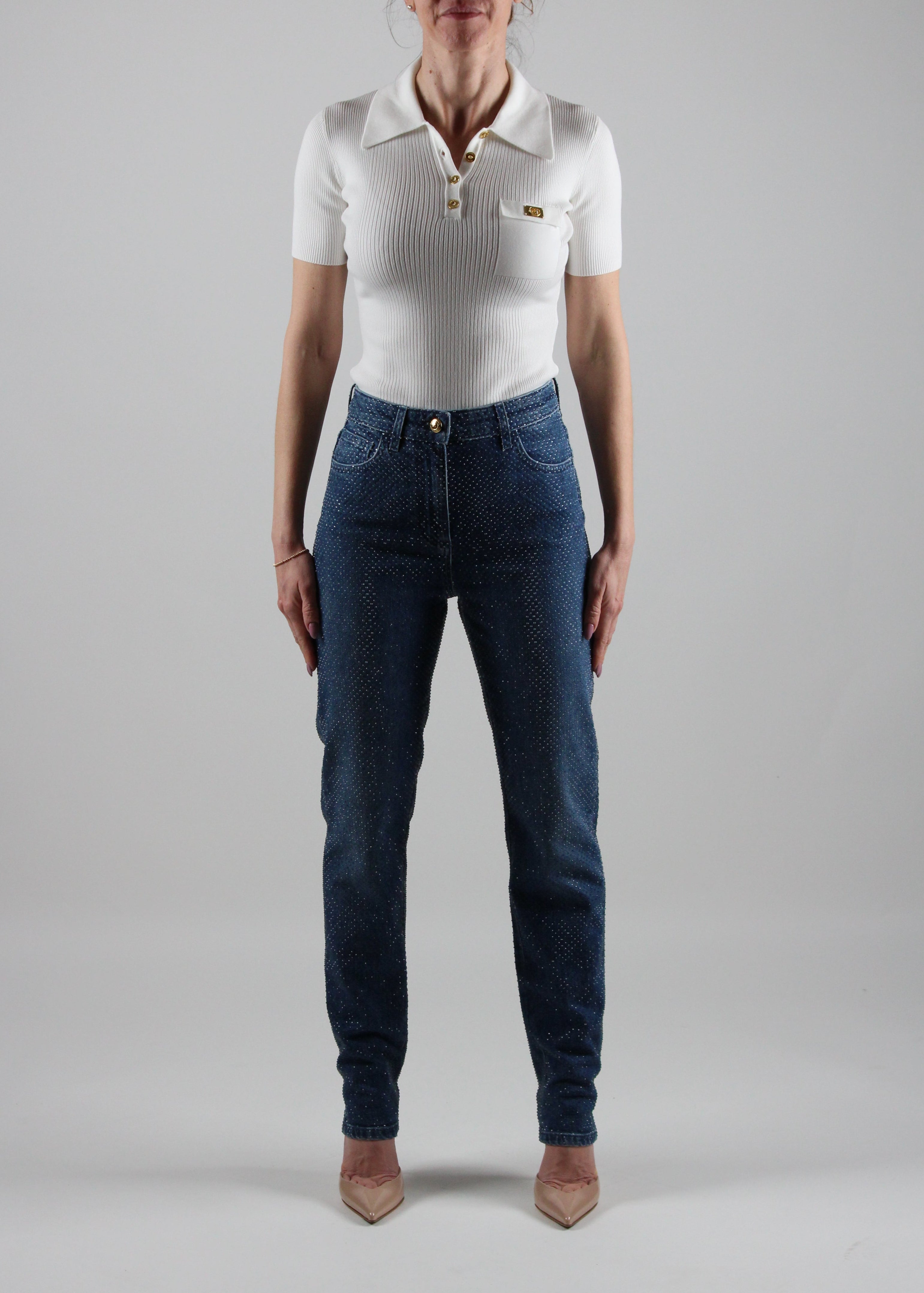 PJ89N51E2 PANTALONI IN DENIM DI COTONE CON STRASS COLORE BLUE DENIM