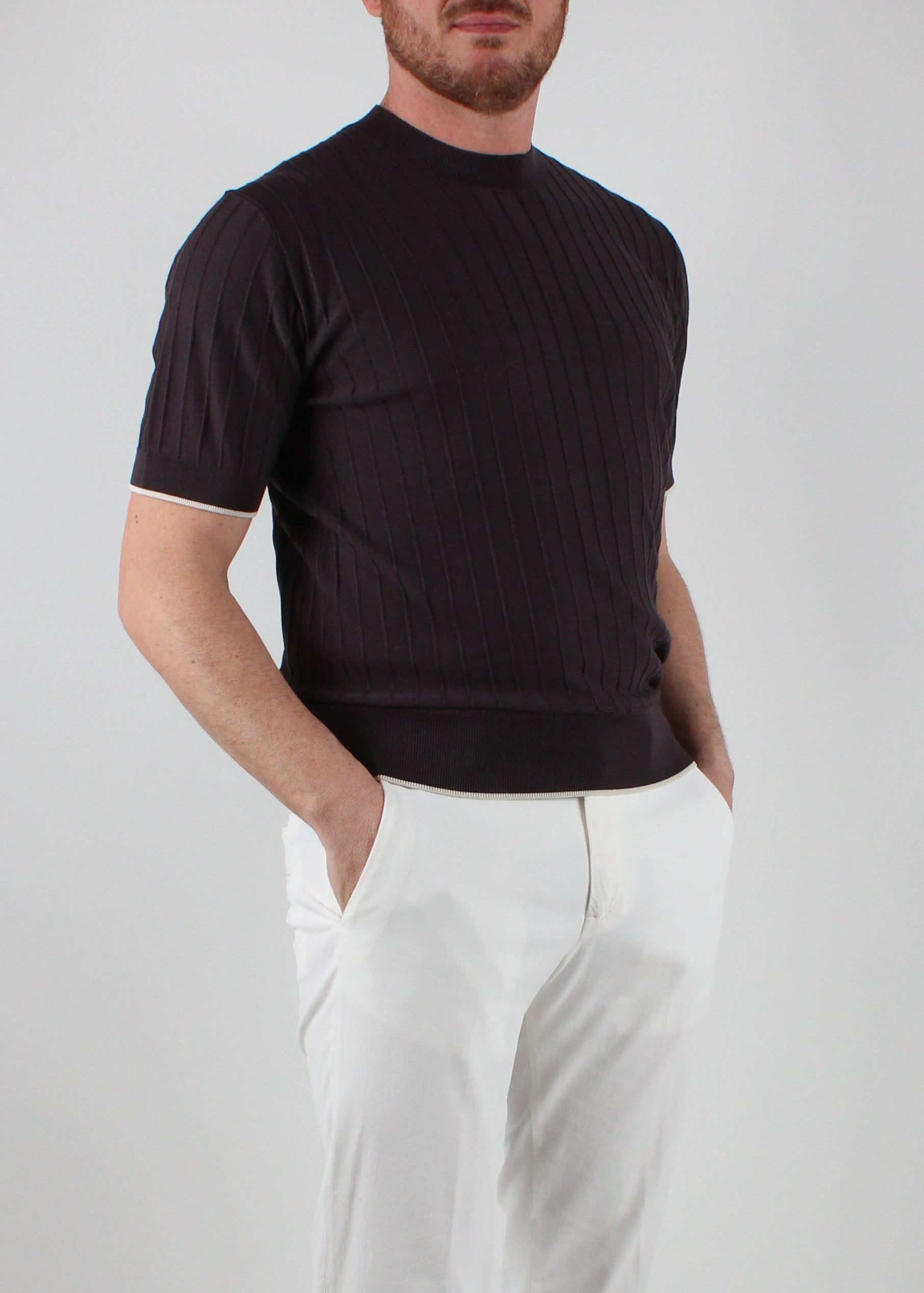A034-F200-2230. MAGLIA GIROCOLLO A MANICHE CORTE IN SETA COTONE MARRONE