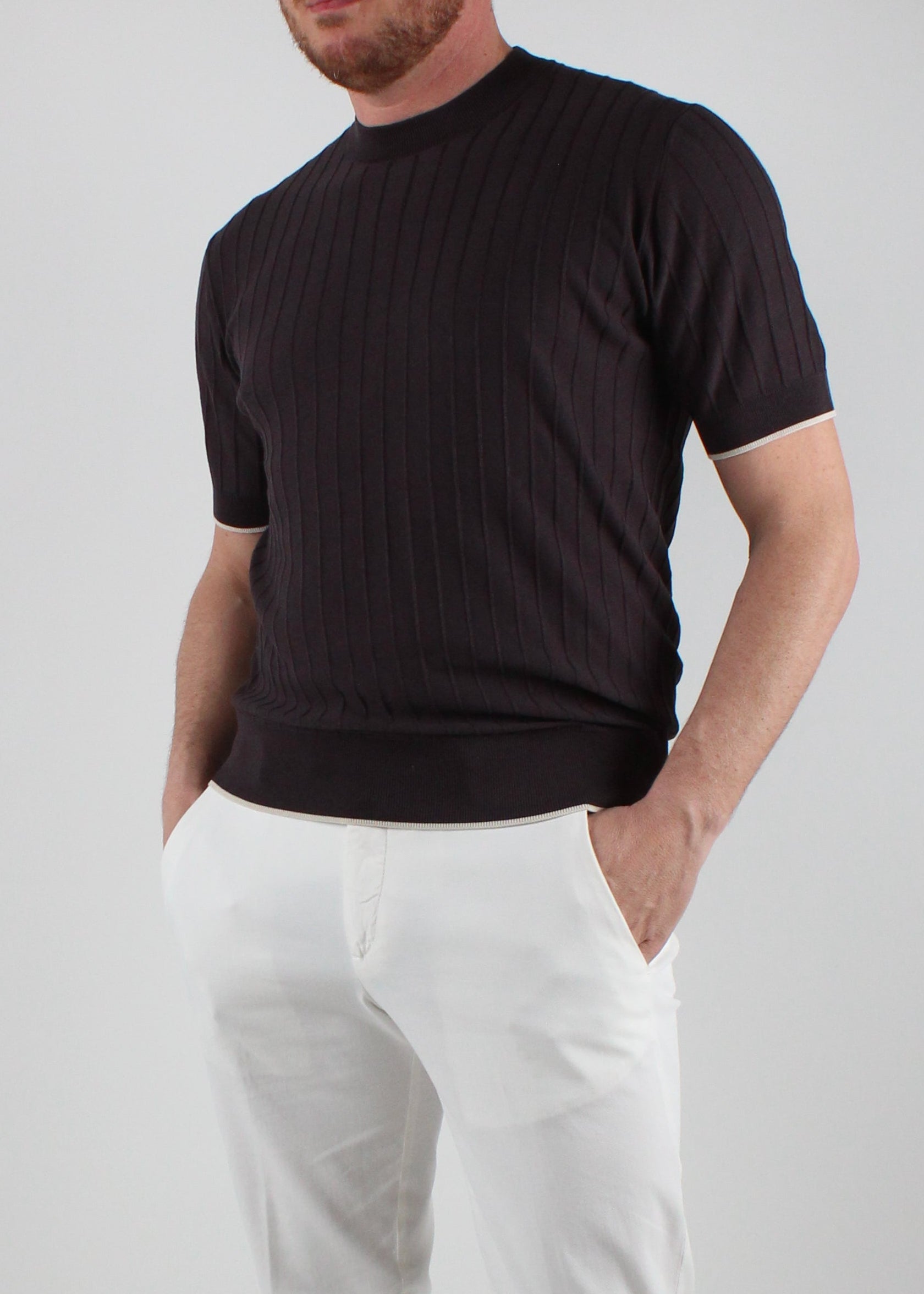A034-F200-2230. MAGLIA GIROCOLLO A MANICHE CORTE IN SETA COTONE MARRONE