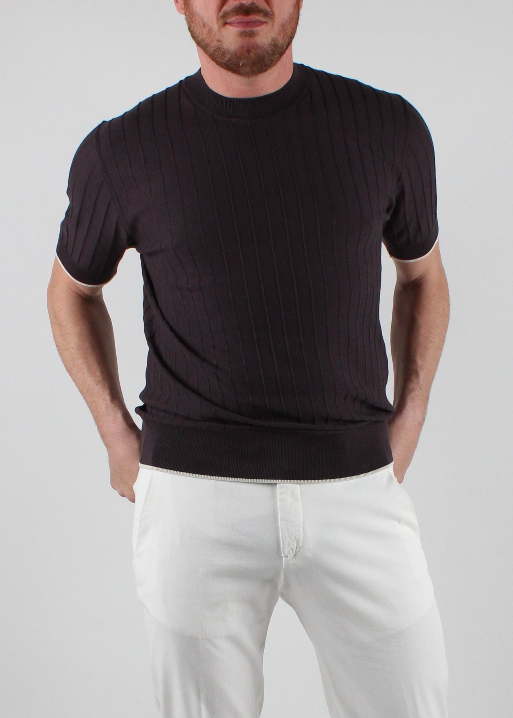 A034-F200-2230. MAGLIA GIROCOLLO A MANICHE CORTE IN SETA COTONE MARRONE