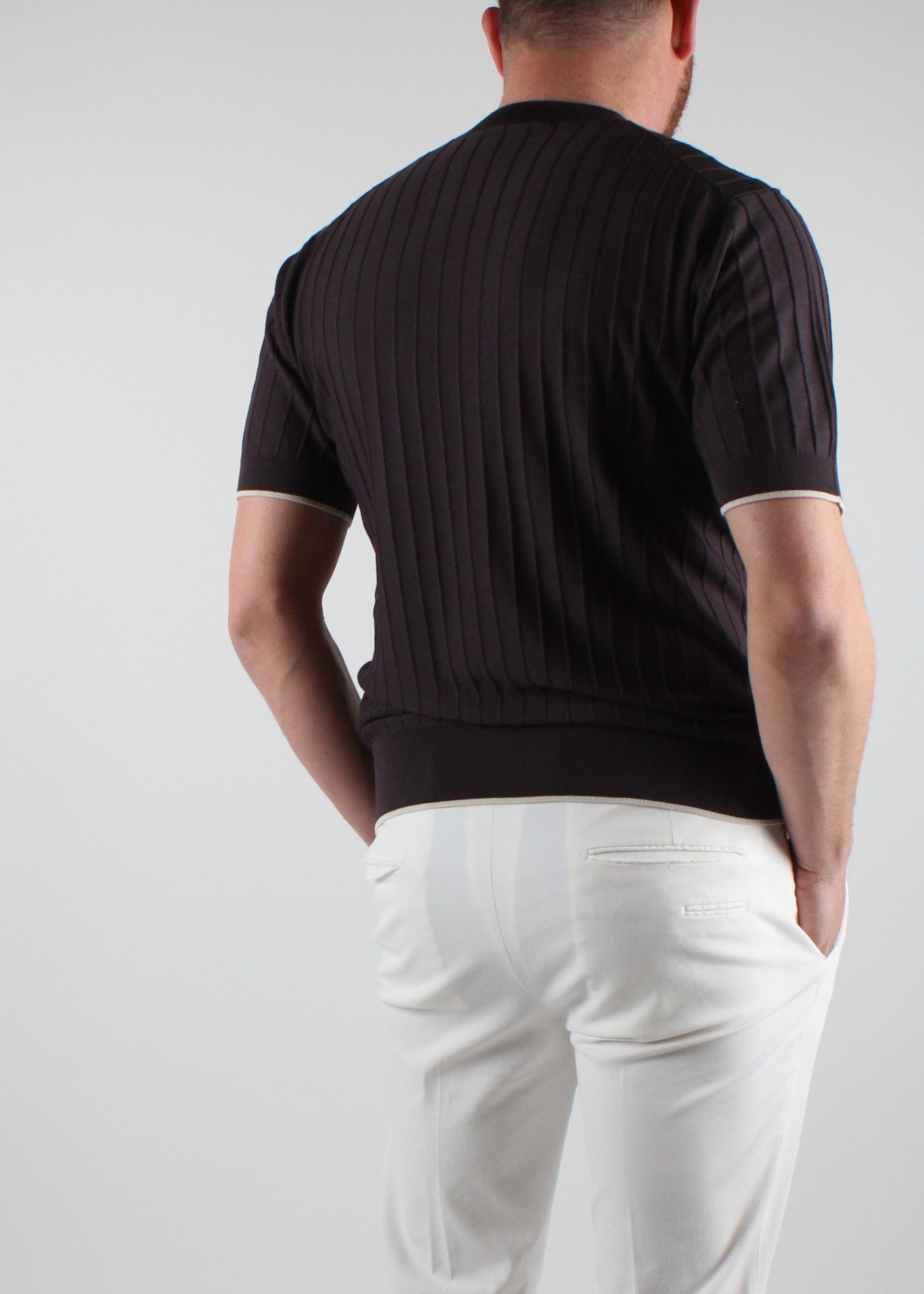 A034-F200-2230. MAGLIA GIROCOLLO A MANICHE CORTE IN SETA COTONE MARRONE