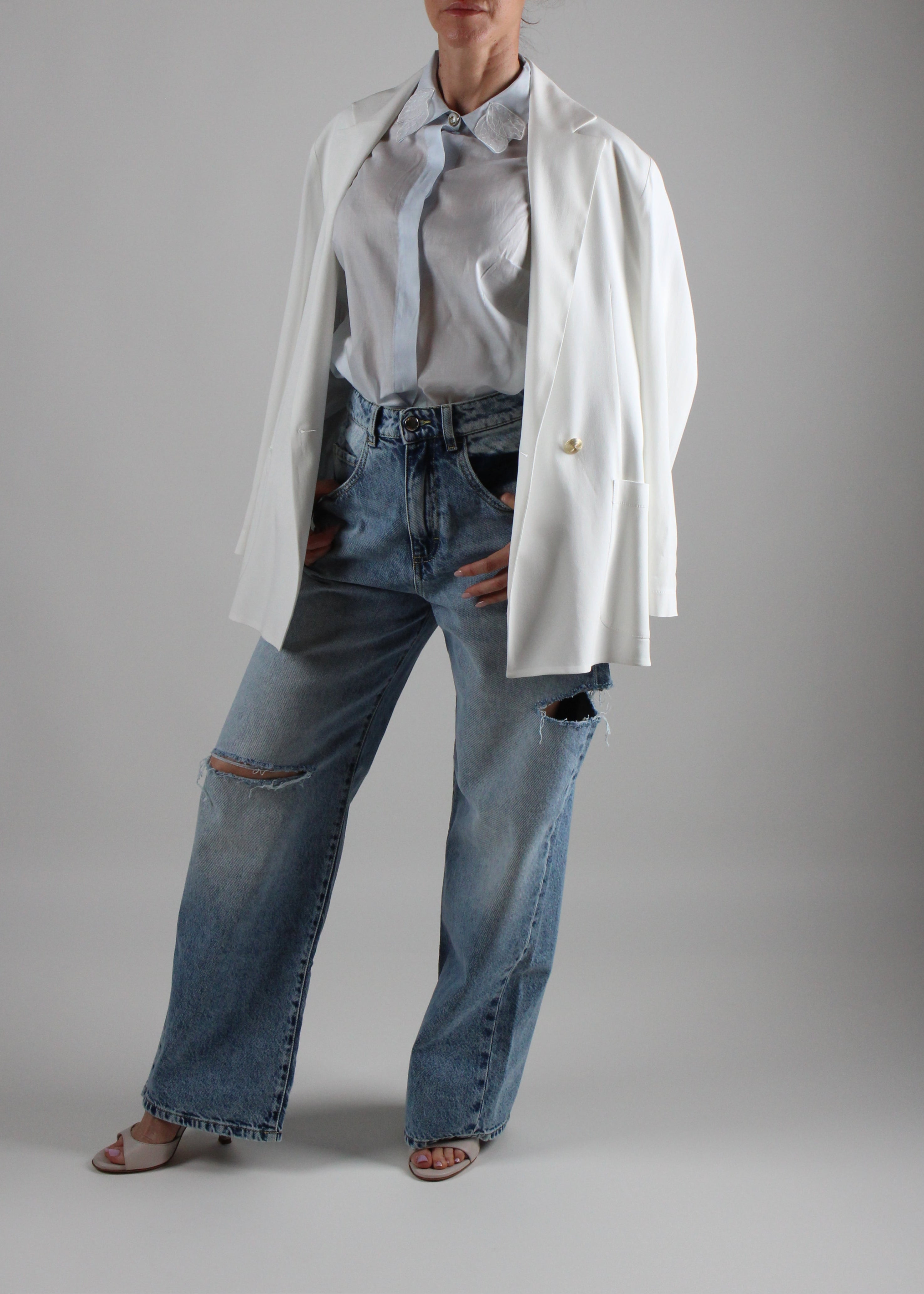 CA05751E2 CAMICIA IN MUSSOLA CON MANICHE A BALZA COLORE. SKI BLU