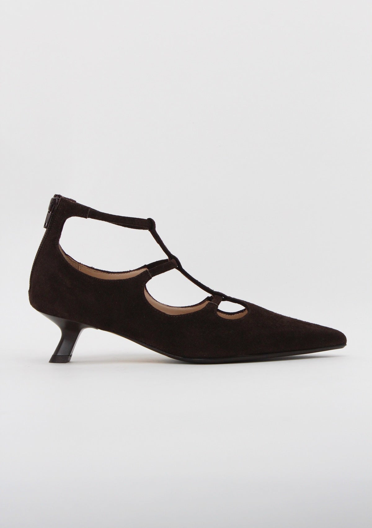 1984  Décolleté T-Strap con Tacco Rocchetto in Camoscio Testa di Moro - Anna F.