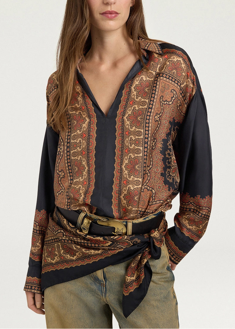 MOBL016-26202MO-9905 BLUSA EIKI IN TWILL DI SETA STAMPATA PIAZZATA - MULTICOLOR NERO