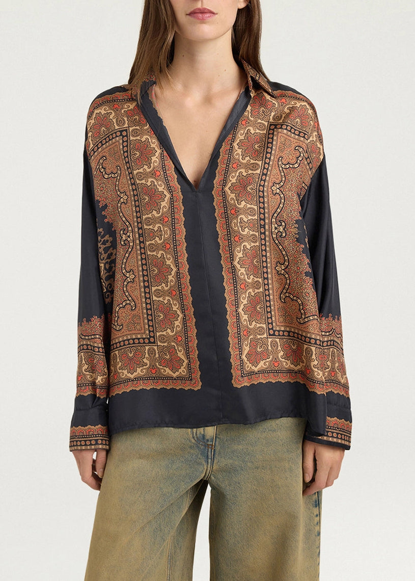 MOBL016-26202MO-9905 BLUSA EIKI IN TWILL DI SETA STAMPATA PIAZZATA - MULTICOLOR NERO