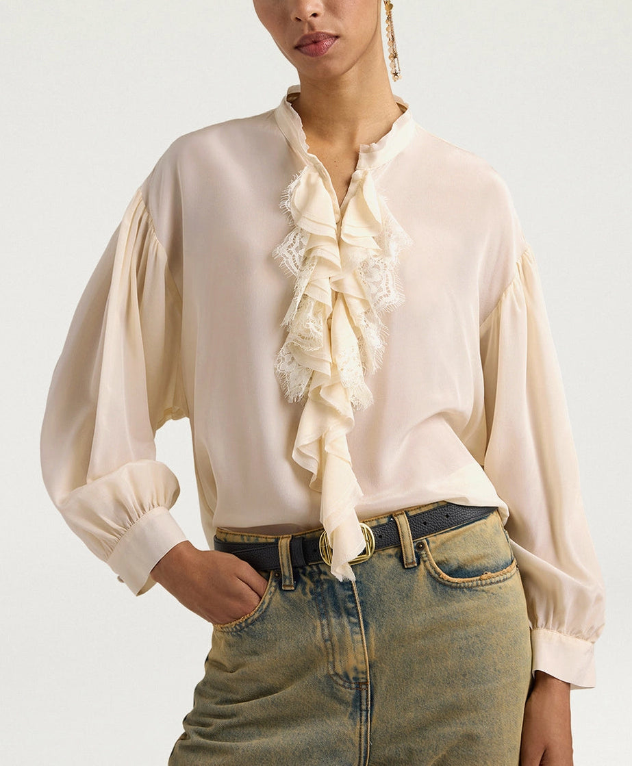 MOBL019-26214MO-0040 BLUSA NELIA IN CREPE DE CHINE DI SETA CON PIZZO - PANNA