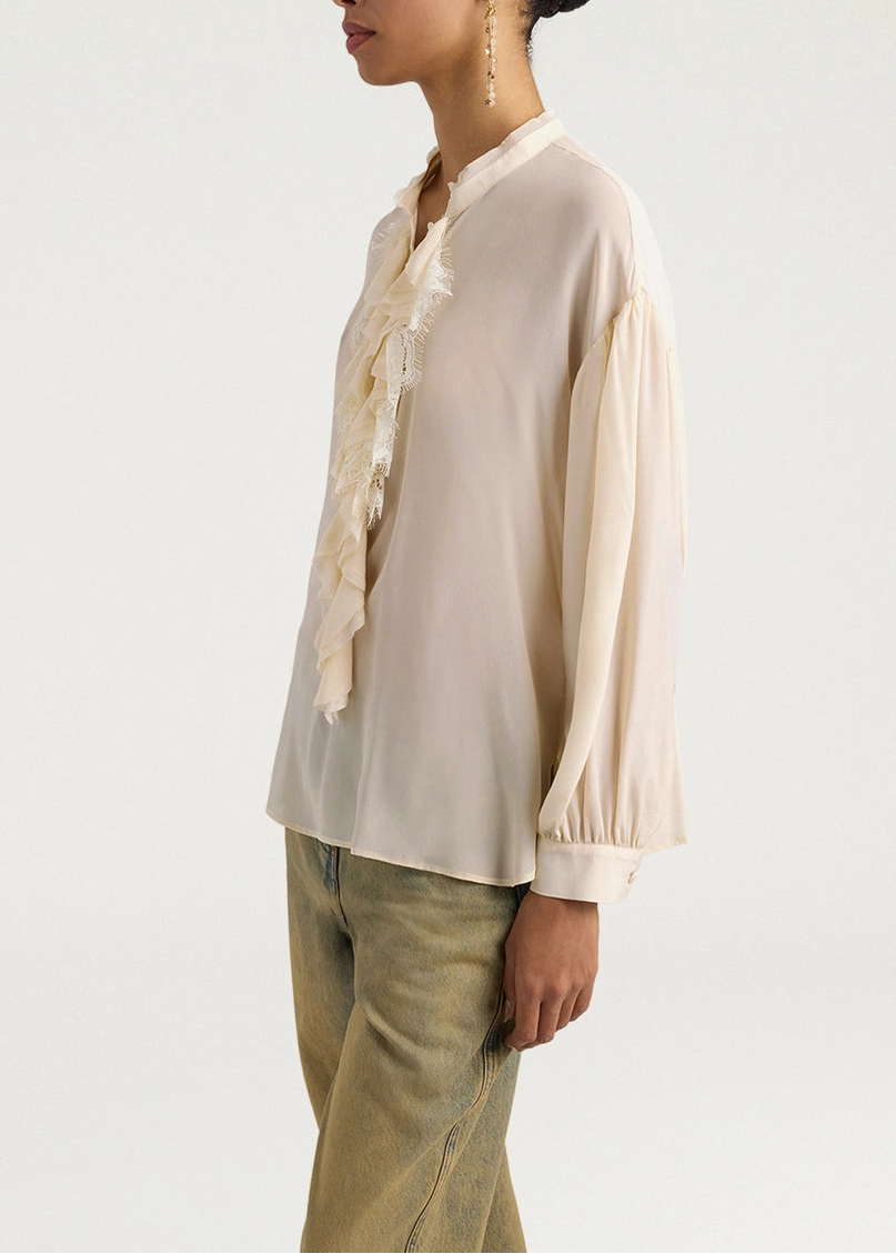 MOBL019-26214MO-0040 BLUSA NELIA IN CREPE DE CHINE DI SETA CON PIZZO - PANNA