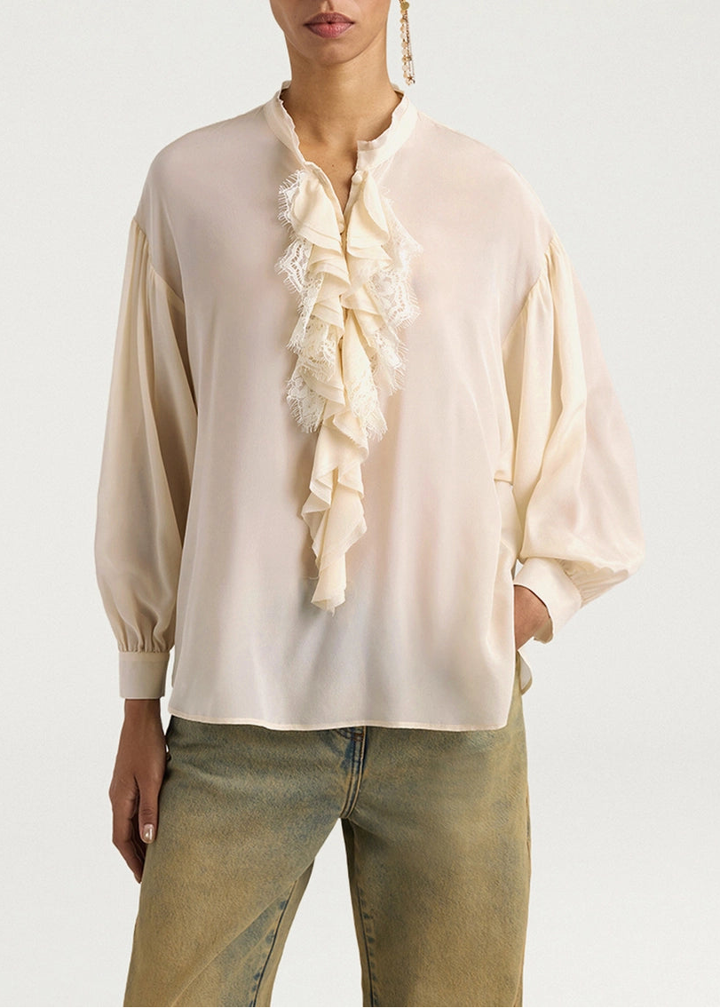 MOBL019-26214MO-0040 BLUSA NELIA IN CREPE DE CHINE DI SETA CON PIZZO - PANNA