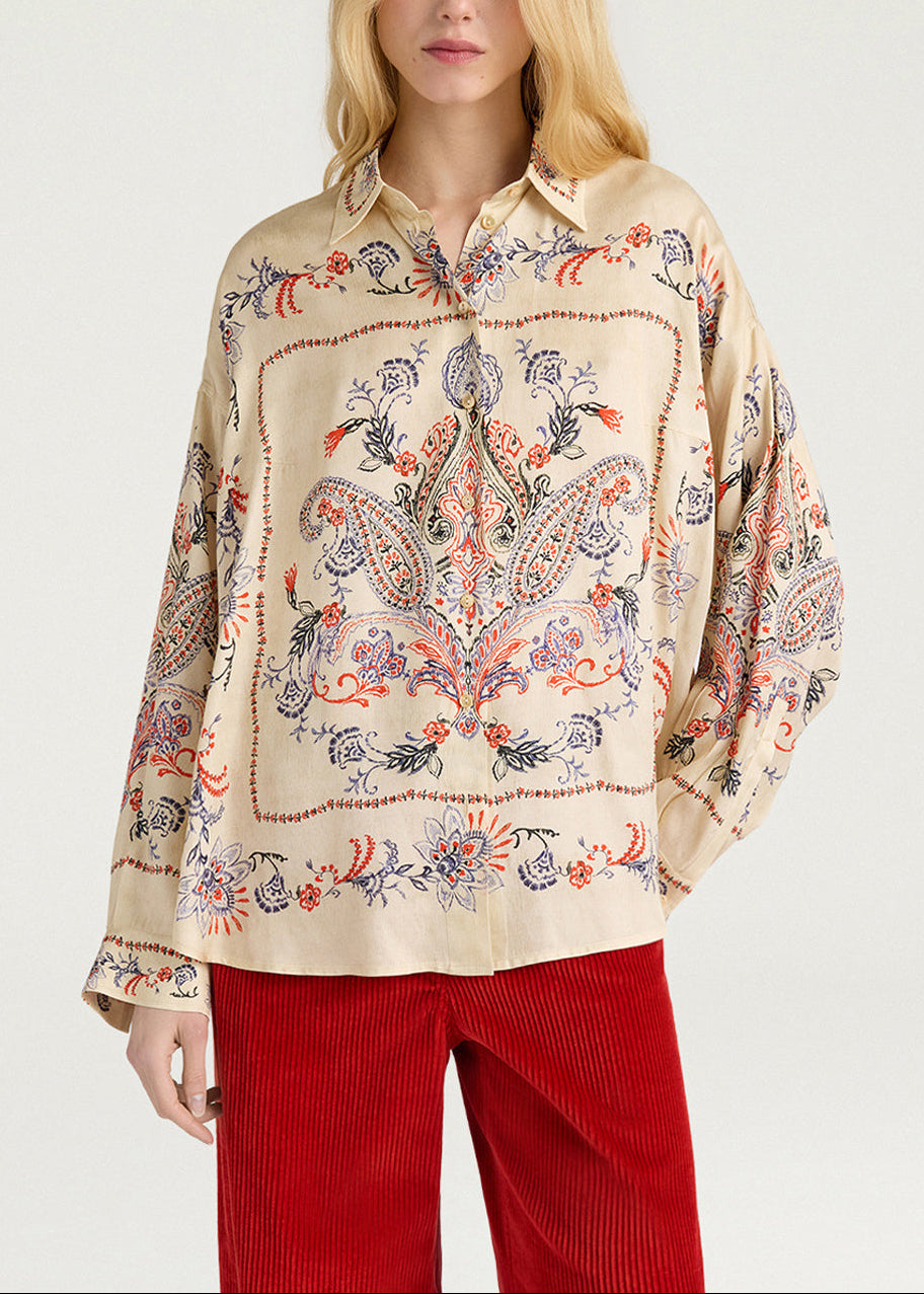 MOSH019-26607MO-1230 CAMICIA OVERSIZE PITANGA BIS IN RASO DI VISCOSA CON STAMPA PIAZZATA - MULTICOLOR CREMA