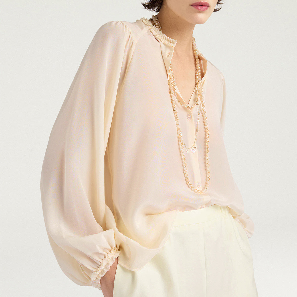 MOSH023-26612MO-0040  CAMICIA ELEGANTE STILE COUNTRY HUNA IN CRÉPE DE CHINE DI SETA - PANNA