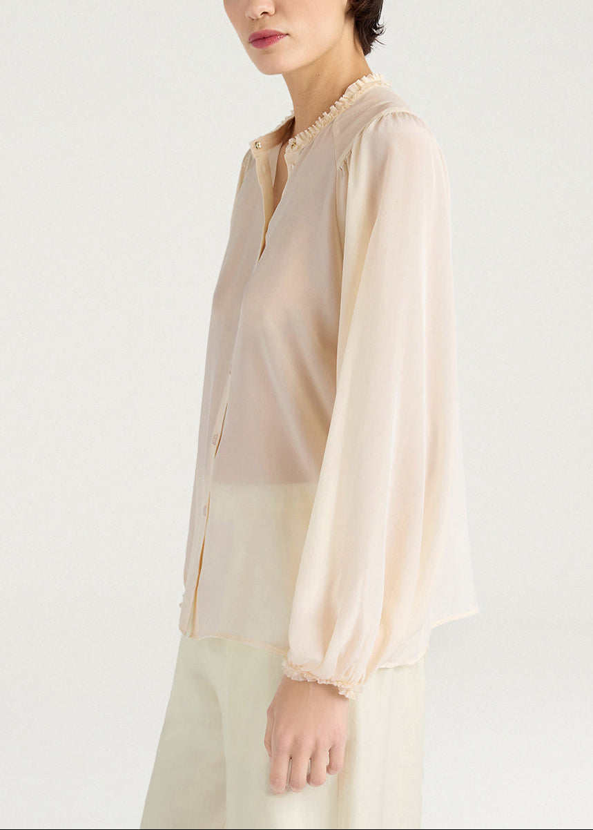MOSH023-26612MO-0040  CAMICIA ELEGANTE STILE COUNTRY HUNA IN CRÉPE DE CHINE DI SETA - PANNA