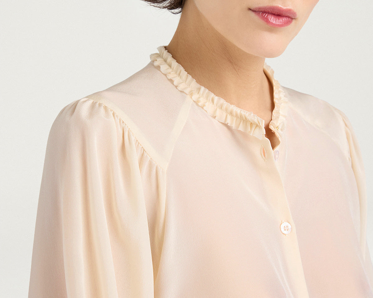 MOSH023-26612MO-0040  CAMICIA ELEGANTE STILE COUNTRY HUNA IN CRÉPE DE CHINE DI SETA - PANNA