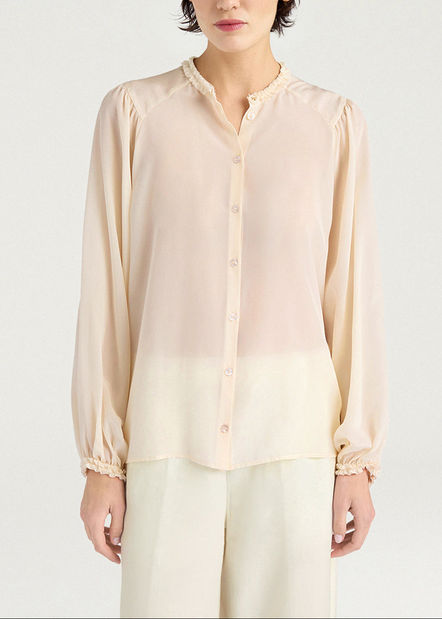 MOSH023-26612MO-0040  CAMICIA ELEGANTE STILE COUNTRY HUNA IN CRÉPE DE CHINE DI SETA - PANNA