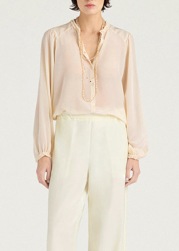 MOSH023-26612MO-0040  CAMICIA ELEGANTE STILE COUNTRY HUNA IN CRÉPE DE CHINE DI SETA - PANNA