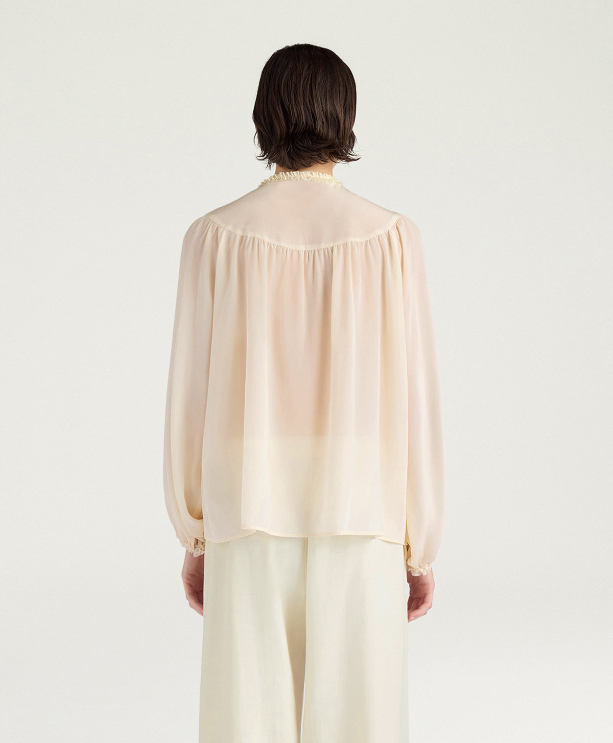 MOSH023-26612MO-0040  CAMICIA ELEGANTE STILE COUNTRY HUNA IN CRÉPE DE CHINE DI SETA - PANNA