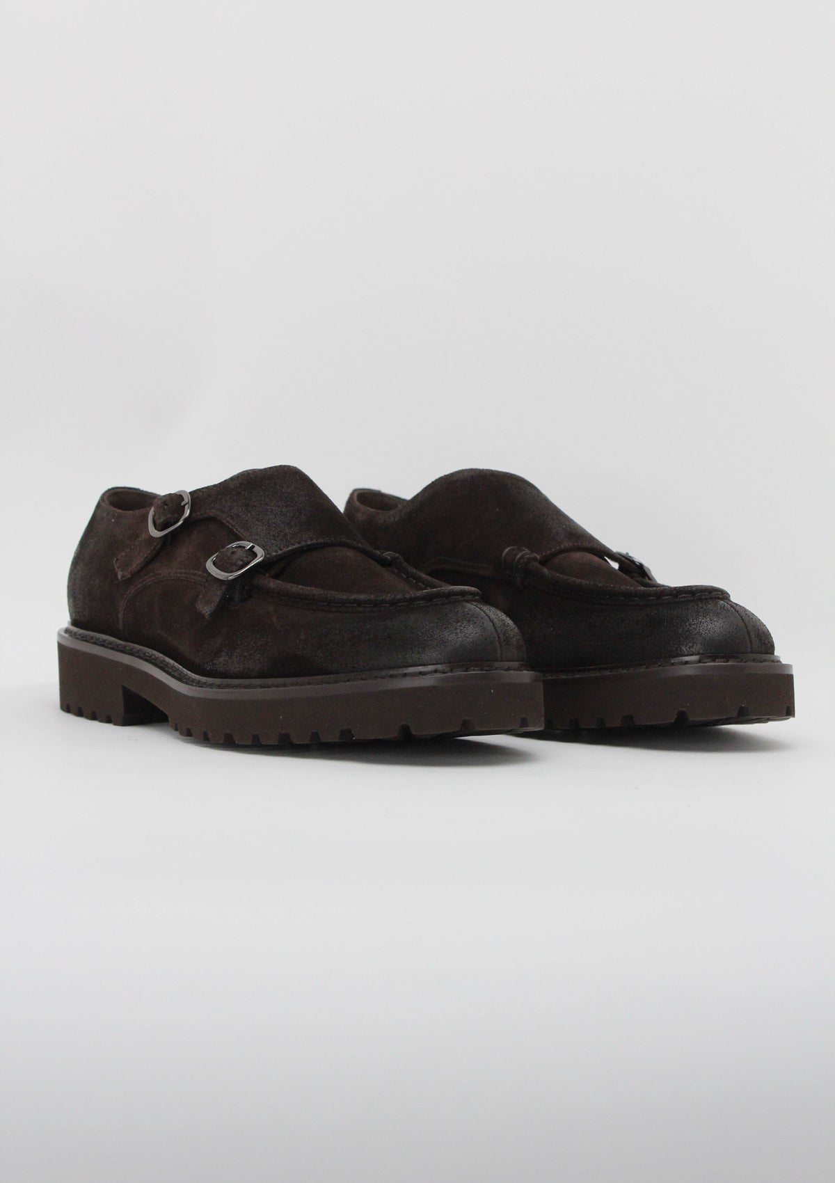 DU2738PHILUF205TM23 SCARPA MONKI STRAP / DOPPIA FIBBIA DOUCAL'S IN PELLE SCAMOSCIATA INVECCHIATA - MARRONE SCURO
