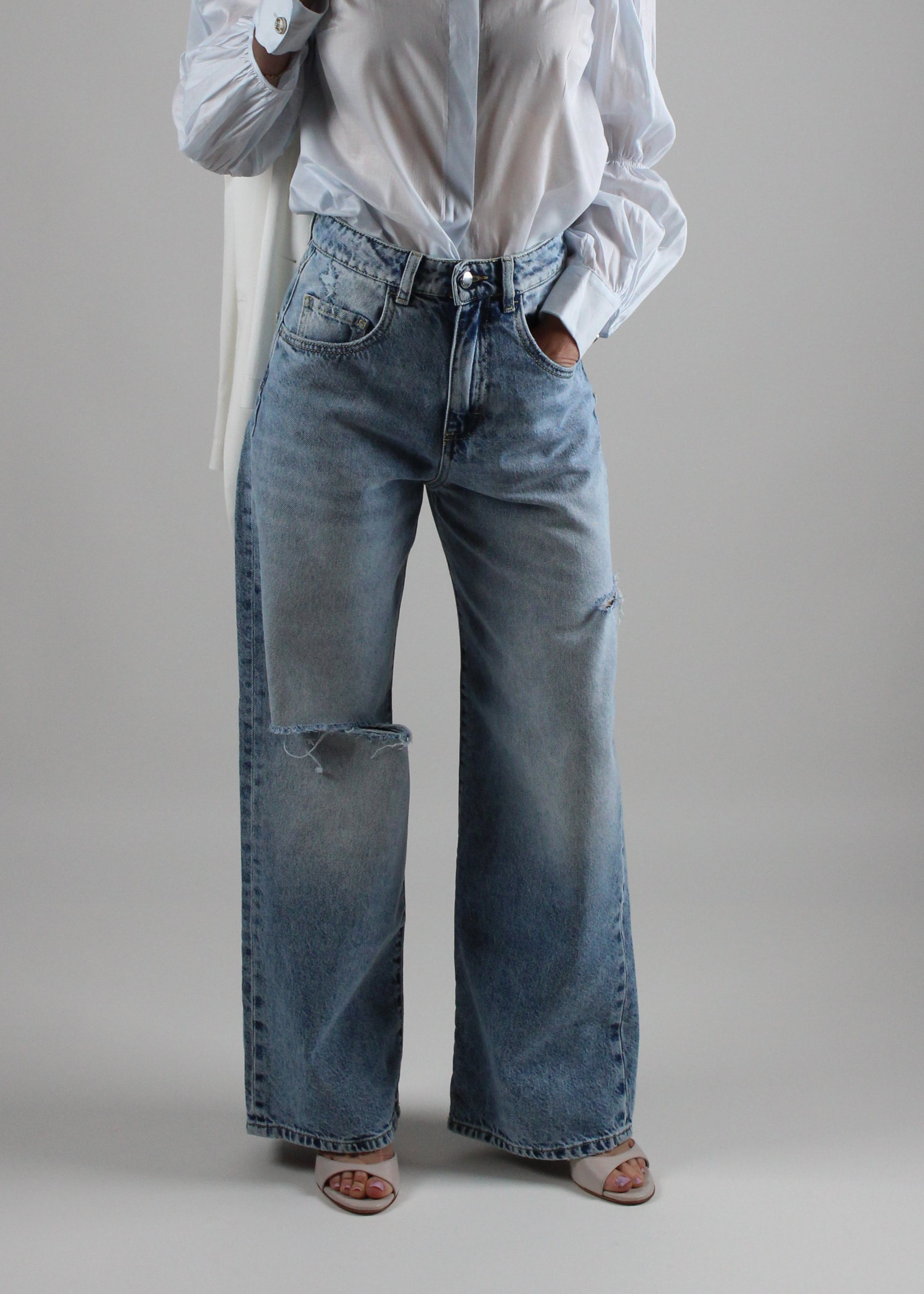 SS25  JEANS POPPY GAMBA LARGA CON ROTTURE COLORE DEMIN MEDIO