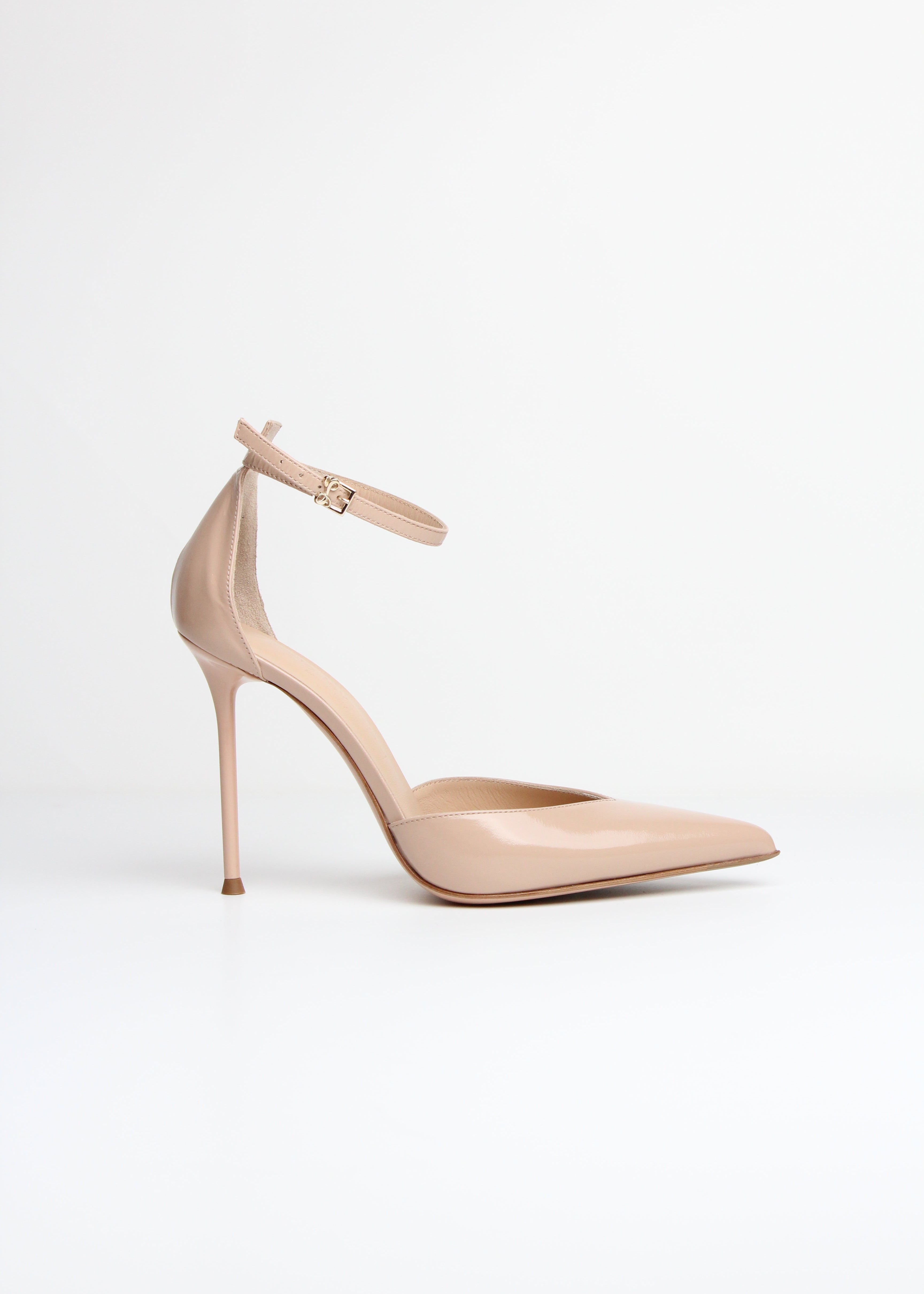 SS25-LAMYU. DÉCOLLETÉ IN PELLE VERNICE BEIGE CHIARO CON CINTURINO